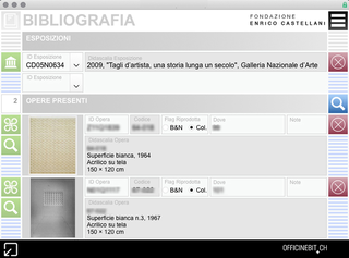 Foundation Enrico Castellani, Analytical bibliography

The digital archive developed for the Enrico Castellani Foundation offers the usual archiving cards divided into works, exhibitions and bibliography. Each section is customized according to the specific needs of the Foundation, to allow the timely recording of the materials collected and analyzed over the years.