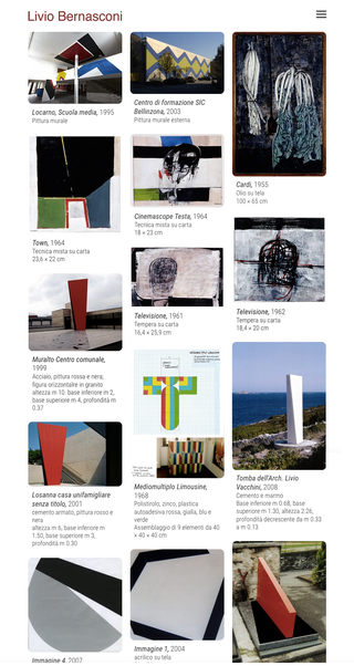 Archivio Livio Bernasconi, Il sito: Artistwall

Il sito www.liviobernasconi.ch (2018-2021) era basato su "Artistwall", una piattaforma web ideata originariamente per le collezioni d'arte e i portfolio d'artista, una soluzione semplice ma estremamente versatile, può adattarsi a contenuti e tipologie anche differenti.