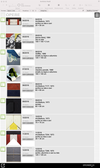 Archive of Gianfranco Pardi, The archive of works

The precise cataloguing of Gianfranco Pardi's work is carried out with the support of a management solution designed and realized with  Gianfranco Pardi Archive following the particularities of the artist's work. (View list of archived works)