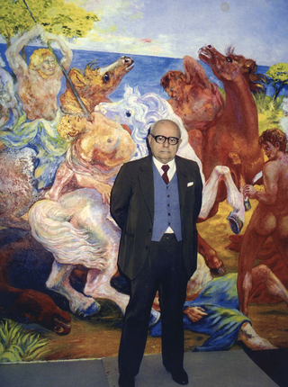 Archive of Aligi Sassu, Aligi Sassu in front of his work Battaglia dei tre cavalieri, 1975/89 oil on canvas; 260 × 260 cm