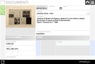 Archive of Bruno Di Bello, Documents

Screenshot of the section on archiving documents.
Each document is linked to works, catalogues and exhibitions.
The digitalized document is available as both text and PDF file.