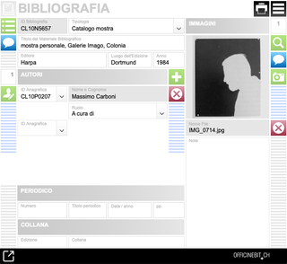 Archive of Bruno Di Bello, Bibliography

The Bibliography database allows the cataloguing of bibliographic information related to different subjects of research: works, exhibitions, documents. The bibliography is accompanied by pictures and references to the authors.