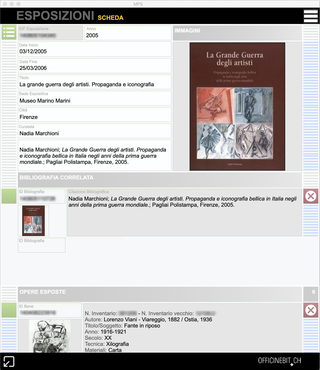 Collection Monte dei Paschi, Exhibitions

Software solution for the archiving of the artworks.
Database of the artistic heritage.
Screenshot from section Exhibition.