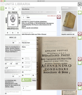 Collection Monte dei Paschi, Library unit

Software solution for the archiving of the Antique Book Fund.
Database of the inventory of the ancient book.
Screenshot of the Library Unit section.  