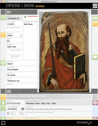 Collection Monte dei Paschi, The sheet of an artwork

Software solution for the archiving of the artworks.
Database of the artistic heritage.
Screenshot of the windows of the artwork in Sheet format.
